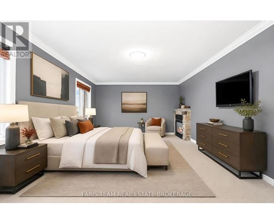 A bedroom with a large bed, a couch, a dresser, and a television.