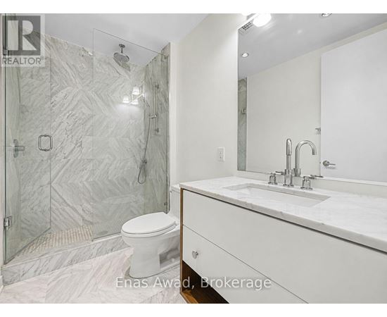 A bathroom with a white toilet and a marble shower.