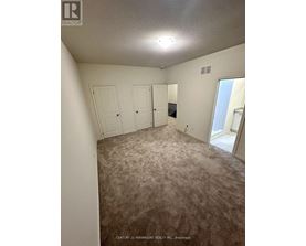 A bedroom with carpeted floor and three doors.