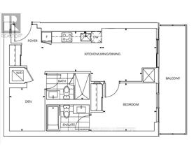 A floor plan of a small apartment with a kitchen, bathroom, bedroom, and den.