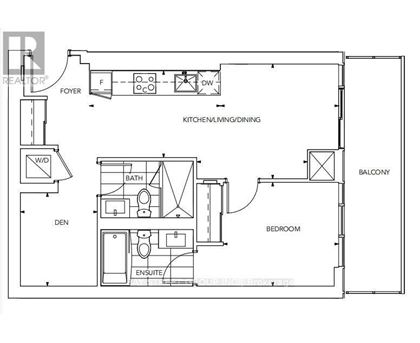 A floor plan of a small apartment with a kitchen, bathroom, bedroom, and den.
