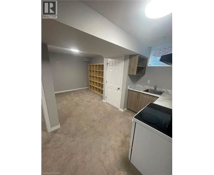 A kitchen area with a washing machine and a cabinet.