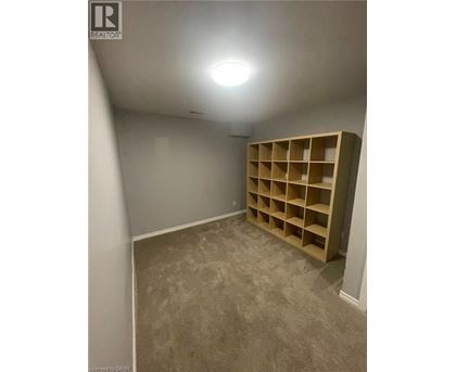 A room with a shelving unit and a carpeted floor.