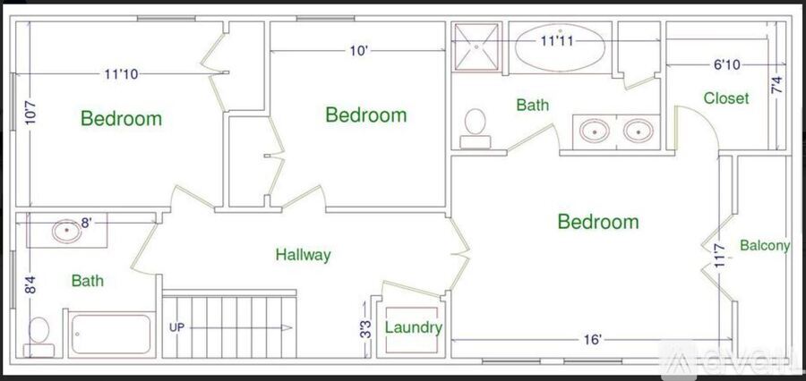 A floor plan of a house with four bedrooms, a hallway, a bath, a laundry area, and a closet.