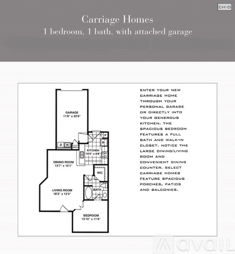 A floor plan for a one bedroom, one bath carriage home with attached garage.