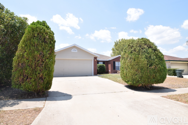 A house with a driveway and two large bushes on either side.