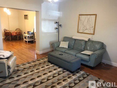 A living room with a grey couch and a patterned rug.