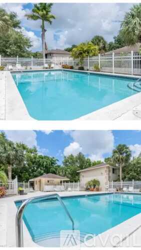 A swimming pool surrounded by a white fence and palm trees.