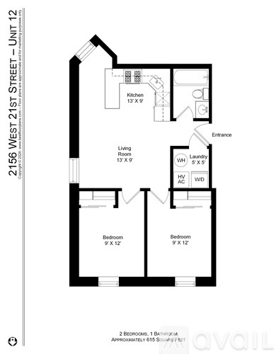 A floor plan for a 2 bedroom, 1 bathroom apartment at 2156 West 21st Street.
