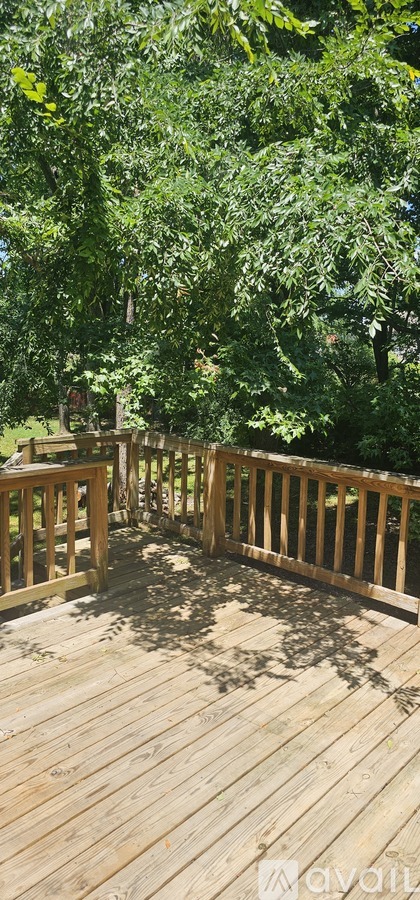 A wooden deck surrounded by trees.