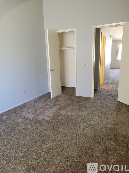 A room with carpeted floor and two open doors.