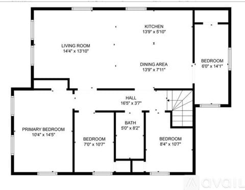 A floor plan of a house with a living room, dining area, kitchen, and four bedrooms.
