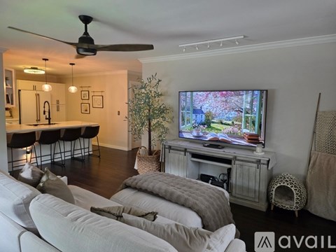 A living room with a television and a ceiling fan.