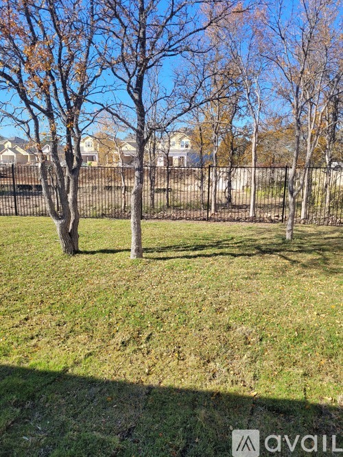 A grassy field with trees and a fence in the background.