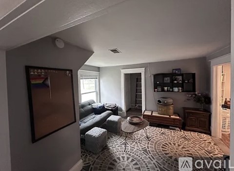 A living room with a grey couch and a patterned rug.