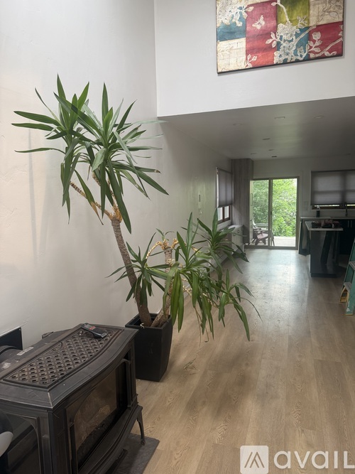 A living room with a television and a plant.