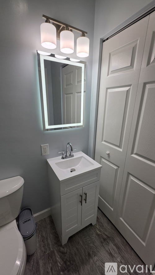 A bathroom with a white sink and a mirror above it.