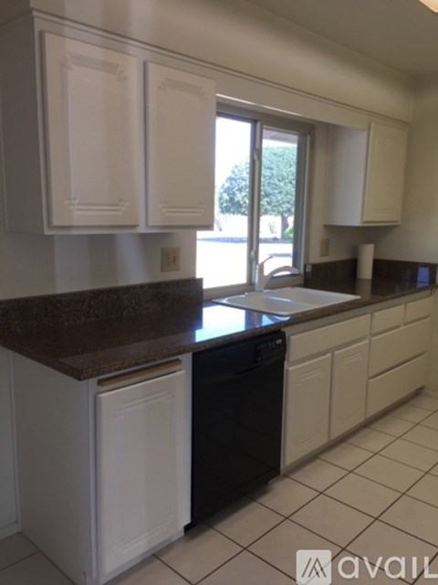 A kitchen with white cabinets and a black dishwasher.