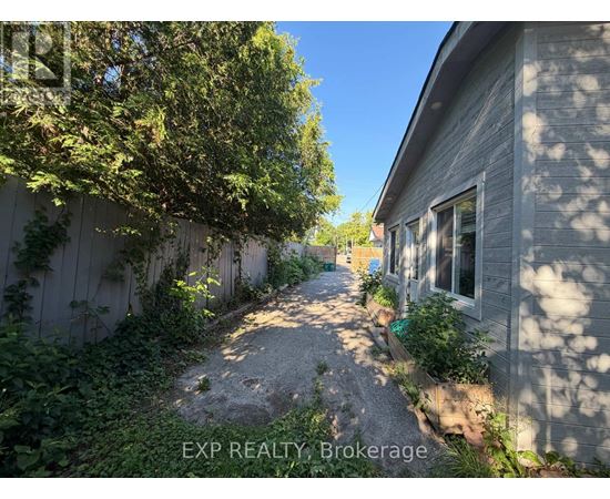 A gravel path leads from a house to a tree.