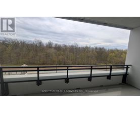 A balcony with a railing and a view of trees and a cloudy sky.