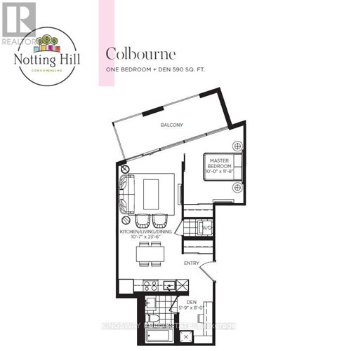 A floor plan for a one bedroom, den 590 square foot condo.