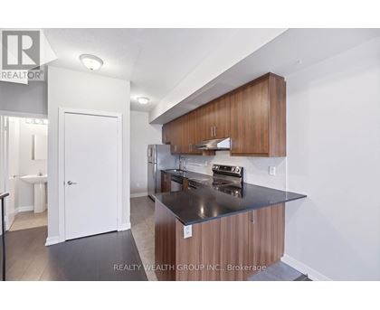 A modern kitchen with wooden cabinets and a black countertop.