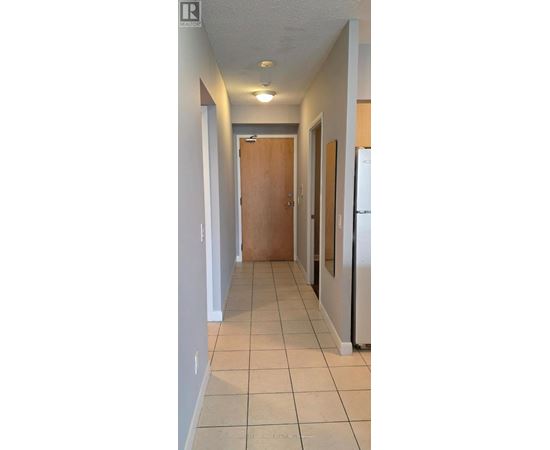 A long hallway with a brown door at the end.