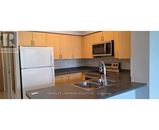 A kitchen with a white fridge and a black counter top.