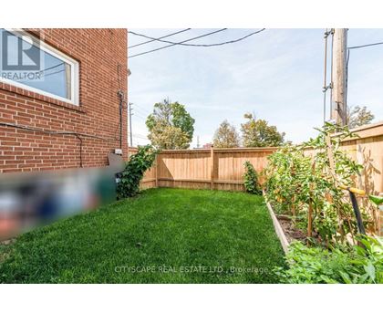 A backyard with a wooden fence and green grass.