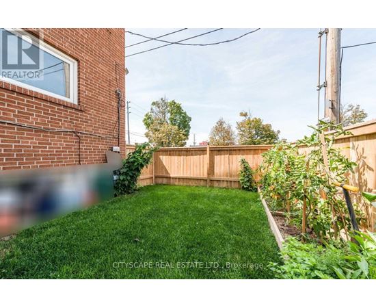 A backyard with a wooden fence and green grass.