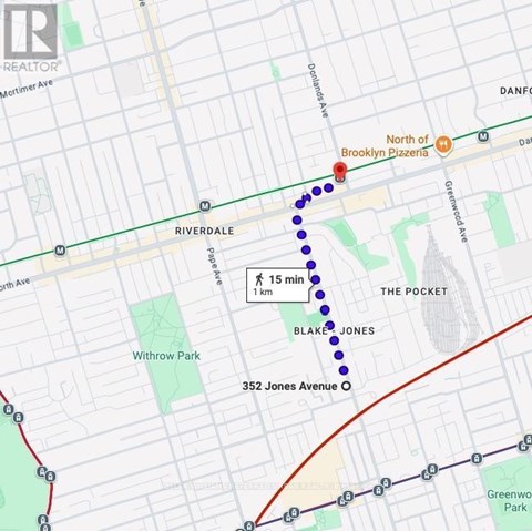 A map with a path of blue dots and a red line.