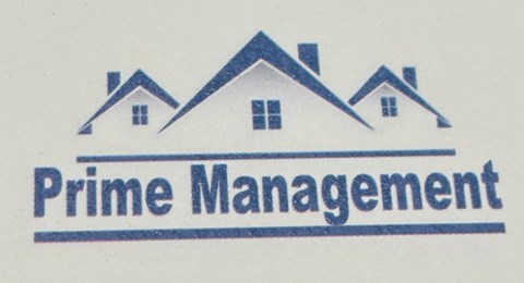 A blue and white logo for Prime Management featuring three houses.
