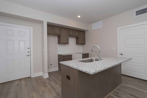 A kitchen with a sink and a counter.