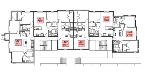 A floor plan of a building with five units, each with different layouts and sizes.