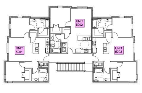 A floor plan of a building with three units labeled 5201, 5202, and 5203.