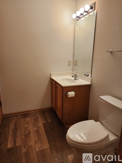 A bathroom with a toilet, sink, mirror, and wooden floors.