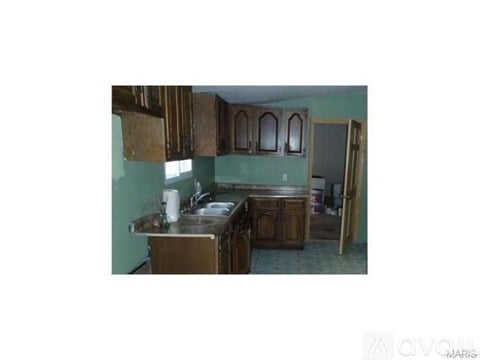 A kitchen with wooden cabinets and a sink.