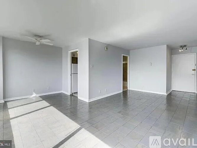 A spacious room with a fan on the ceiling and a rug on the floor.