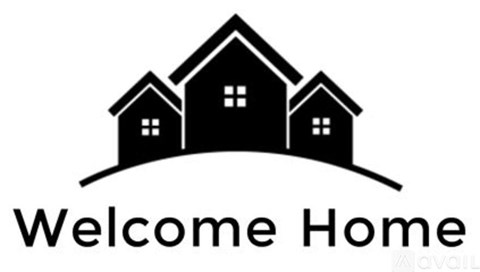 A black and white image of a family of houses with the words "Welcome Home" written underneath.