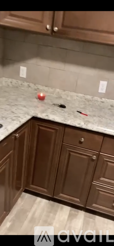 A kitchen counter with a red object on it.