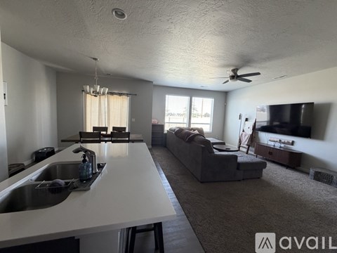 A living room with a grey couch and a television.