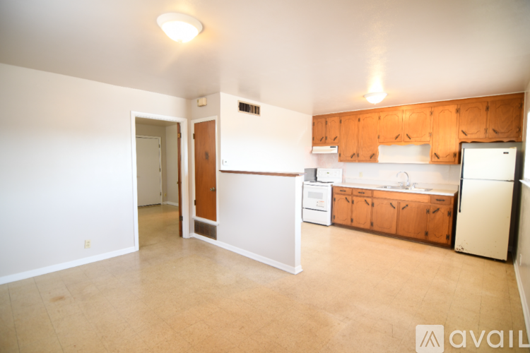 A kitchen area with a white fridge, wooden cabinets, and a white dishwasher.