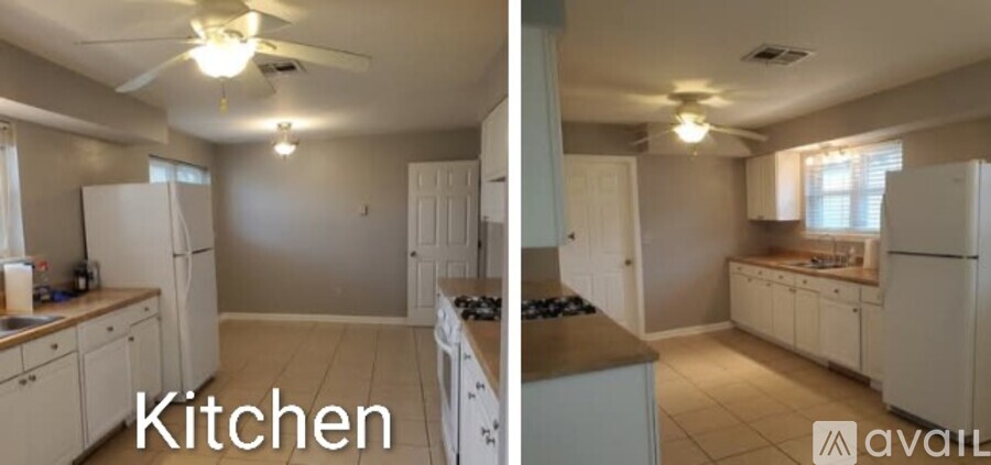 A kitchen with white cabinets and appliances is available for rent.