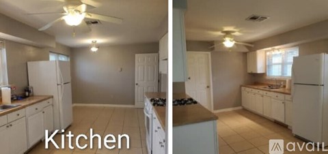 A kitchen with white cabinets and appliances is available for rent.