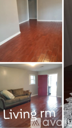 Two images of a living room with wooden floors and furniture.