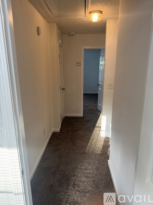 A hallway with a carpeted floor and white walls.
