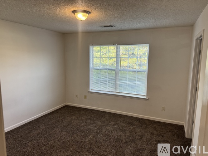 A room with a carpeted floor, a window with blinds, and a ceiling light fixture.