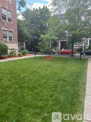 A grassy area in front of a building with a tree and a red car in the background.