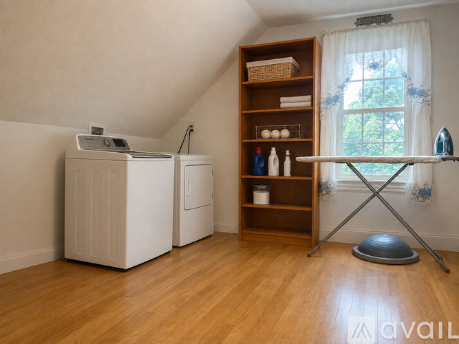 A laundry room with a washer and dryer, ironing board, and a wooden shelf.
