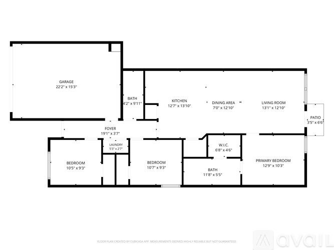 A floor plan of a house with a garage, two bedrooms, a living room, a dining area, a kitchen, a bathroom, and a foyer.